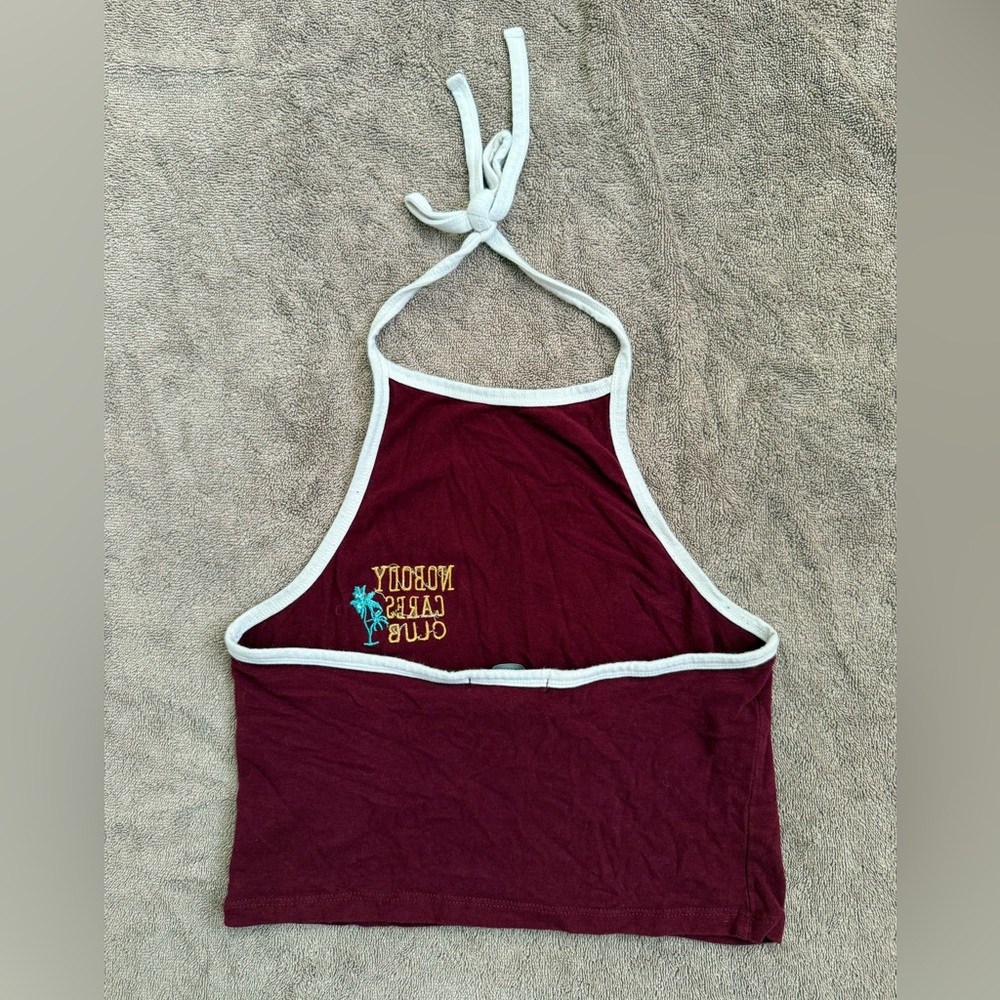 🌴Forever 21 Maroon Nobody Cares Club Embroidered Maroon Halter Crop Top - Medium - Picture 2 of 6